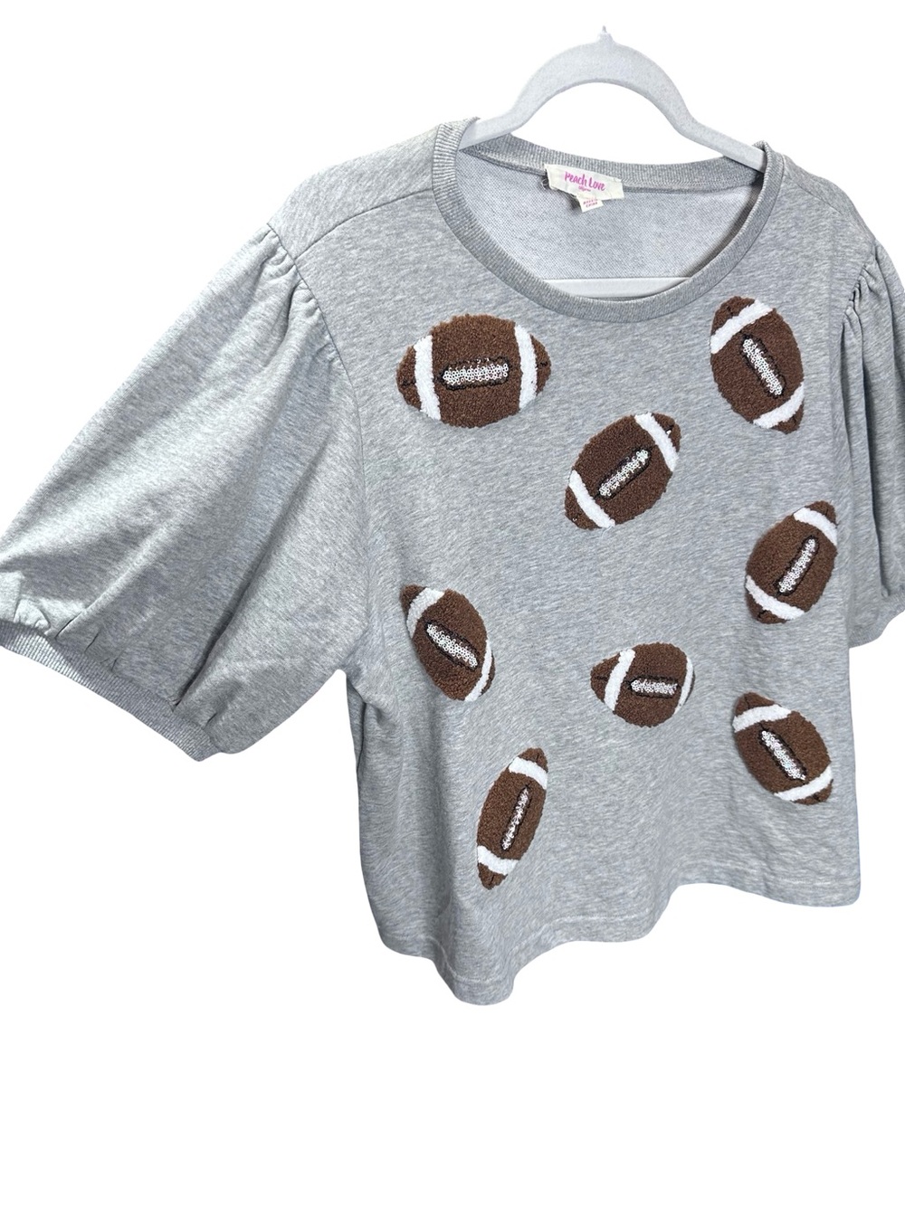 Peach Love California Gray Puff-Sleeve Football Appliqué Tee - Picture 3 of 6